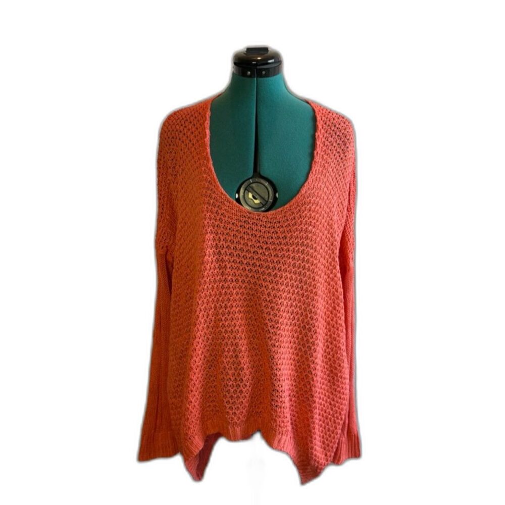 Lush Clothing open-knit sweater styled in a coral-orange shade. Size Large